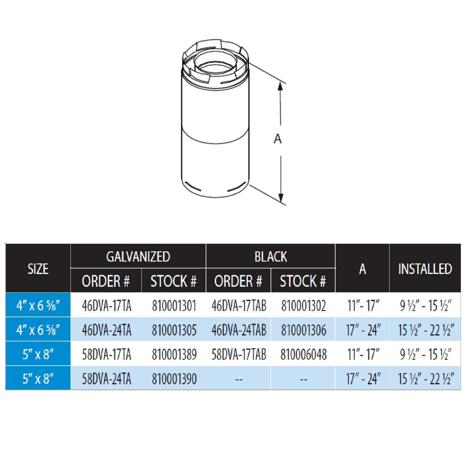 DuraVent 58DVA-TA DirectVent Pro Galvanized Steel Adjustable Pipe, 5x8-inch Diameter 2 DuraVent 58DVA-TA DirectVent Pro Galvanized Steel Adjustable Pipe, 5x8-inch Diameter - Image 2
