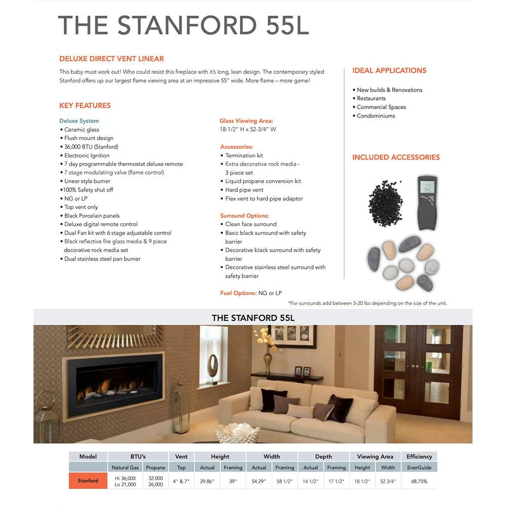 Sierra Flame STANFORD-55G-DELUXE 55-Inch Stanford Direct Vent Built-In Linear Gas Fireplace With Fireglass And Rock Media 5 Sierra Flame STANFORD-55G-DELUXE 55-Inch Stanford Direct Vent Built-In Linear Gas Fireplace With Fireglass And Rock Media - Image 5